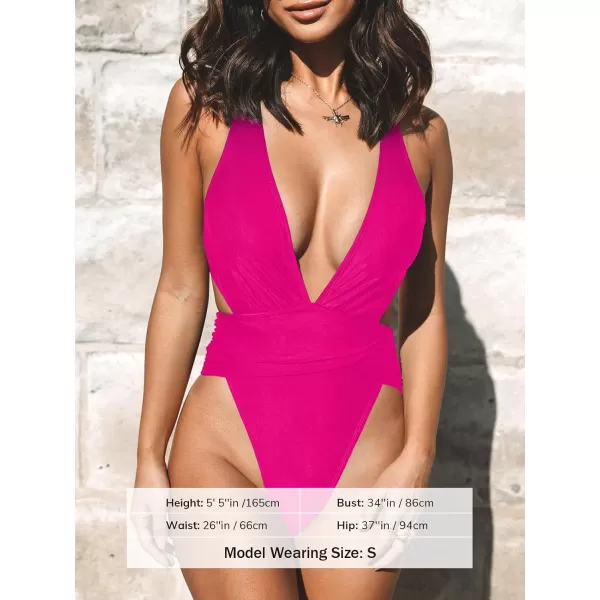imageCUPSHE One Piece Swimsuit for Women Bathing Suit Cut Out Cross Back Tie Deep V Neck Ruched High CutHot Magenta