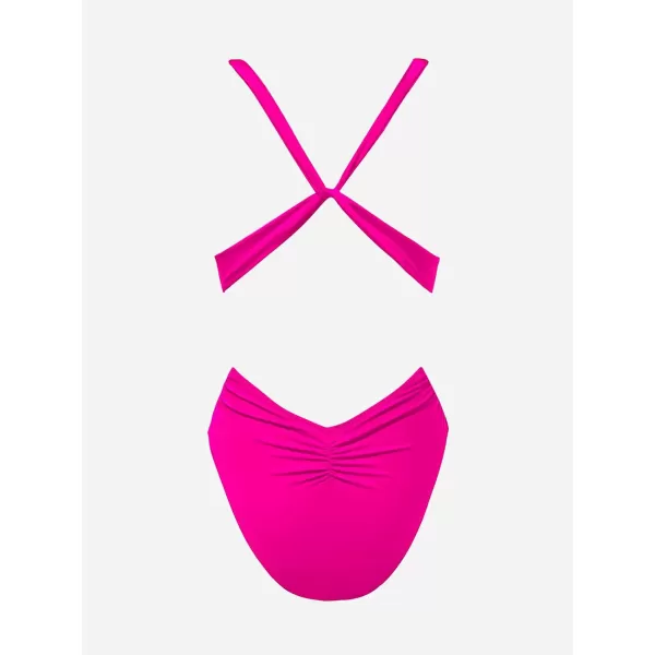 imageCUPSHE One Piece Swimsuit for Women Bathing Suit Cut Out Cross Back Tie Deep V Neck Ruched High CutHot Magenta