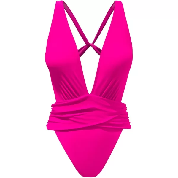 imageCUPSHE One Piece Swimsuit for Women Bathing Suit Cut Out Cross Back Tie Deep V Neck Ruched High CutHot Magenta