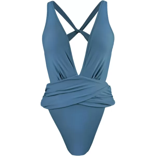 imageCUPSHE One Piece Swimsuit for Women Bathing Suit Cut Out Cross Back Tie Deep V Neck Ruched High CutSapphire Blue