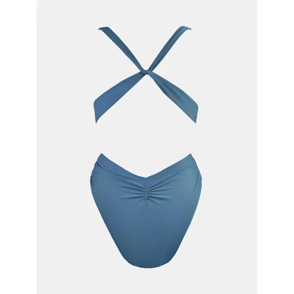 imageCUPSHE One Piece Swimsuit for Women Bathing Suit Cut Out Cross Back Tie Deep V Neck Ruched High CutSapphire Blue