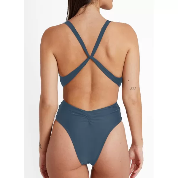 imageCUPSHE One Piece Swimsuit for Women Bathing Suit Cut Out Cross Back Tie Deep V Neck Ruched High CutSapphire Blue