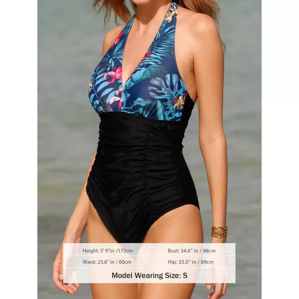 imageCUPSHE One Piece Swimsuit for Women Bathing Suit Halter Back Tie Ruched Tummy Control Swimwear Tropical PrintBlack and Tropical Print