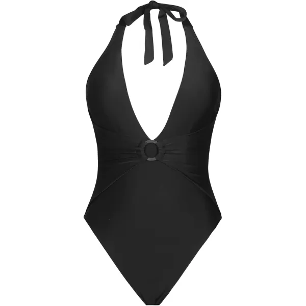 imageCUPSHE One Piece Swimsuit for Women Bathing Suit Halter Deep V Neck Ruched O Ring High CutBlack