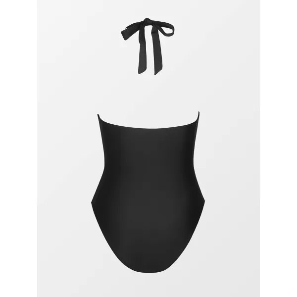 imageCUPSHE One Piece Swimsuit for Women Bathing Suit Halter Deep V Neck Ruched O Ring High CutBlack