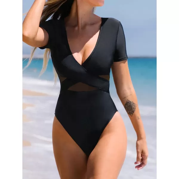 imageCUPSHE One Piece Swimsuit for Women Bathing Suit Mesh V Neck Front Cross Wrapped High CutBlack