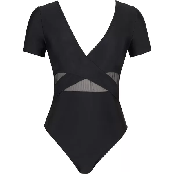 imageCUPSHE One Piece Swimsuit for Women Bathing Suit Mesh V Neck Front Cross Wrapped High CutBlack