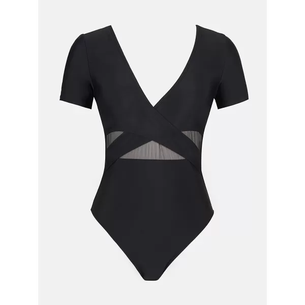imageCUPSHE One Piece Swimsuit for Women Bathing Suit Mesh V Neck Front Cross Wrapped High CutBlack