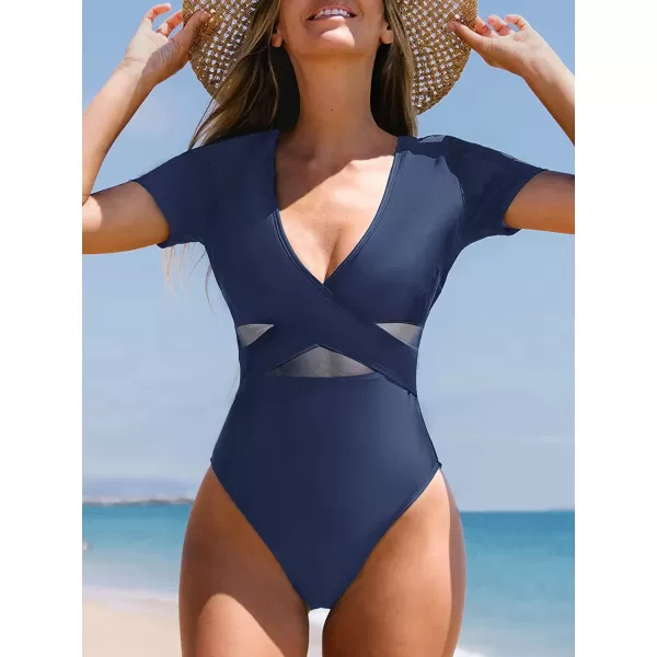 imageCUPSHE One Piece Swimsuit for Women Bathing Suit Mesh V Neck Front Cross Wrapped High CutNavy