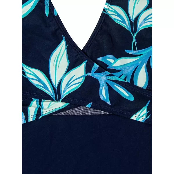 imageCUPSHE One Piece Swimsuit for Women Bathing Suit Mesh V Neck Front Cross Wrapped High CutNavy and Tropical Print