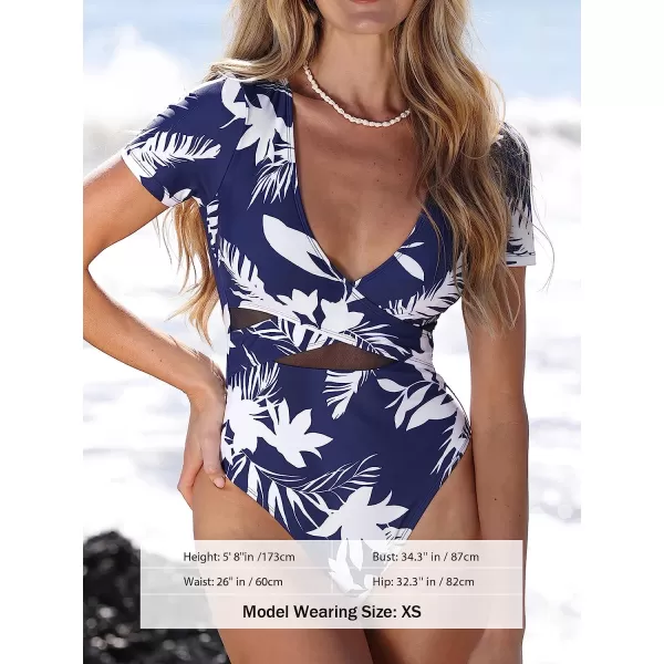 imageCUPSHE One Piece Swimsuit for Women Bathing Suit Mesh V Neck Front Cross Wrapped High CutNavy and White Floral