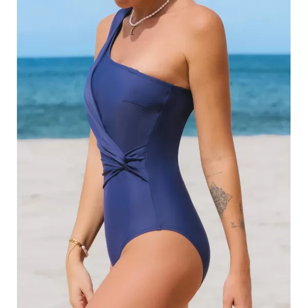 imageCUPSHE One Piece Swimsuit for Women Bathing Suit One Shoulder Asymmetrical Adjustable Strap Twisted SideDark Blue