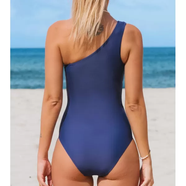 imageCUPSHE One Piece Swimsuit for Women Bathing Suit One Shoulder Asymmetrical Adjustable Strap Twisted SideDark Blue