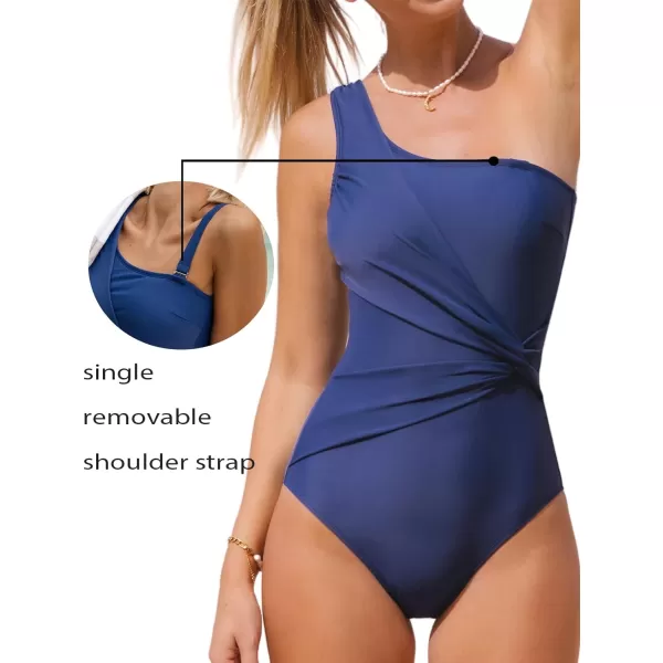 imageCUPSHE One Piece Swimsuit for Women Bathing Suit One Shoulder Asymmetrical Adjustable Strap Twisted SideDark Blue