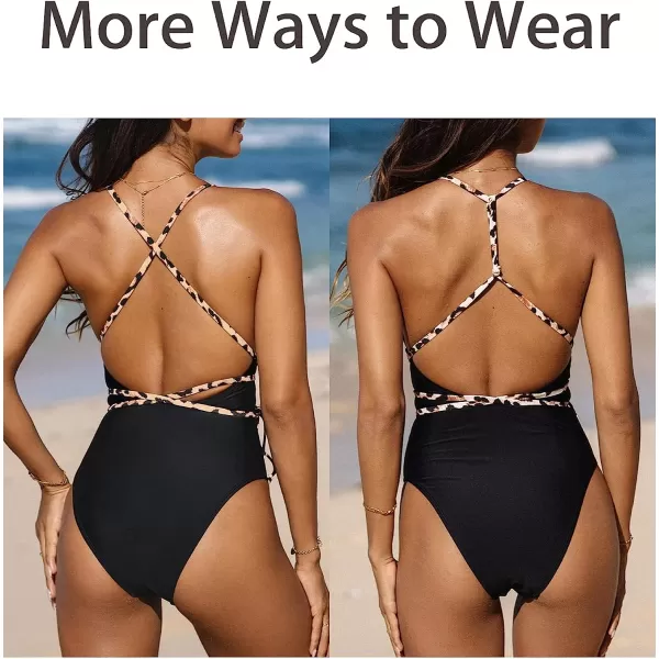imageCUPSHE One Piece Swimsuit for Women Bathing Suit Plunge V Neck Leopard Strappy Crisscross Self TieBlack