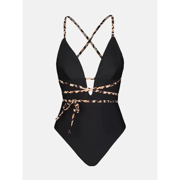 imageCUPSHE One Piece Swimsuit for Women Bathing Suit Plunge V Neck Leopard Strappy Crisscross Self TieBlack
