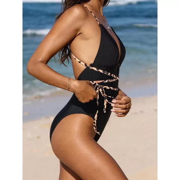 imageCUPSHE One Piece Swimsuit for Women Bathing Suit Plunge V Neck Leopard Strappy Crisscross Self TieBlack