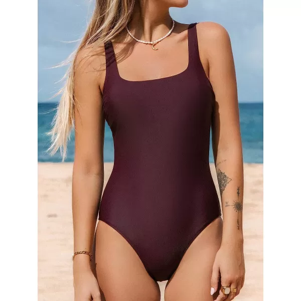imageCUPSHE One Piece Swimsuit for Women Bathing Suit Retro Square Neck Adjustable Strap Full CoverageAubergine