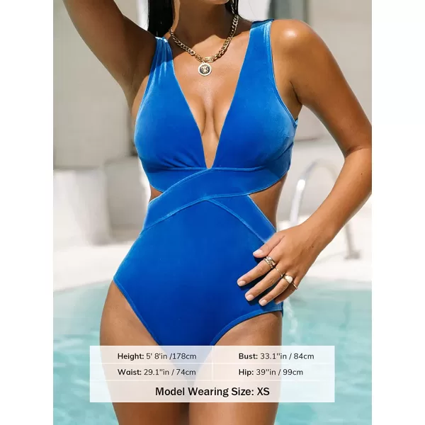 imageCUPSHE One Piece Swimsuit for Women Bathing Suit V Neck Cutout Sexy Swimwear Wide Straps Back Hook Shiny TextureDodger Blue