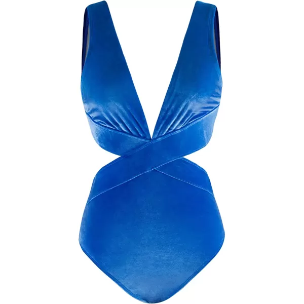 imageCUPSHE One Piece Swimsuit for Women Bathing Suit V Neck Cutout Sexy Swimwear Wide Straps Back Hook Shiny TextureDodger Blue