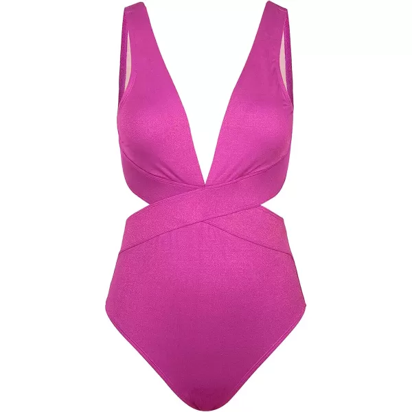 imageCUPSHE One Piece Swimsuit for Women Bathing Suit V Neck Cutout Sexy Swimwear Wide Straps Back Hook Shiny TextureMagenta Red
