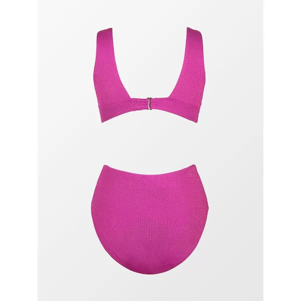 imageCUPSHE One Piece Swimsuit for Women Bathing Suit V Neck Cutout Sexy Swimwear Wide Straps Back Hook Shiny TextureMagenta Red
