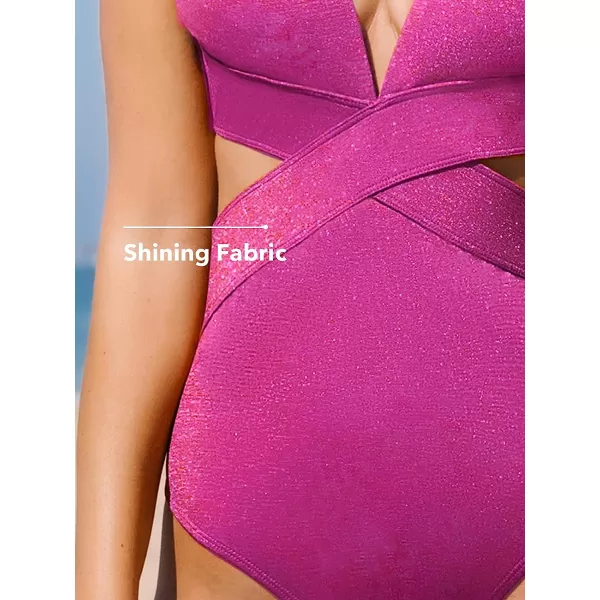 imageCUPSHE One Piece Swimsuit for Women Bathing Suit V Neck Cutout Sexy Swimwear Wide Straps Back Hook Shiny TextureMagenta Red