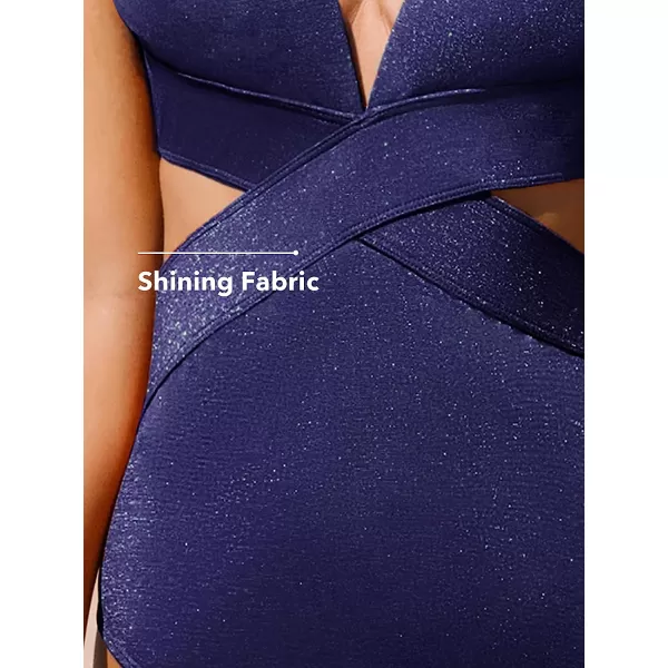 imageCUPSHE One Piece Swimsuit for Women Bathing Suit V Neck Cutout Sexy Swimwear Wide Straps Back Hook Shiny TextureNavy Blue