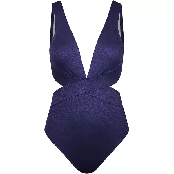 imageCUPSHE One Piece Swimsuit for Women Bathing Suit V Neck Cutout Sexy Swimwear Wide Straps Back Hook Shiny TextureNavy Blue