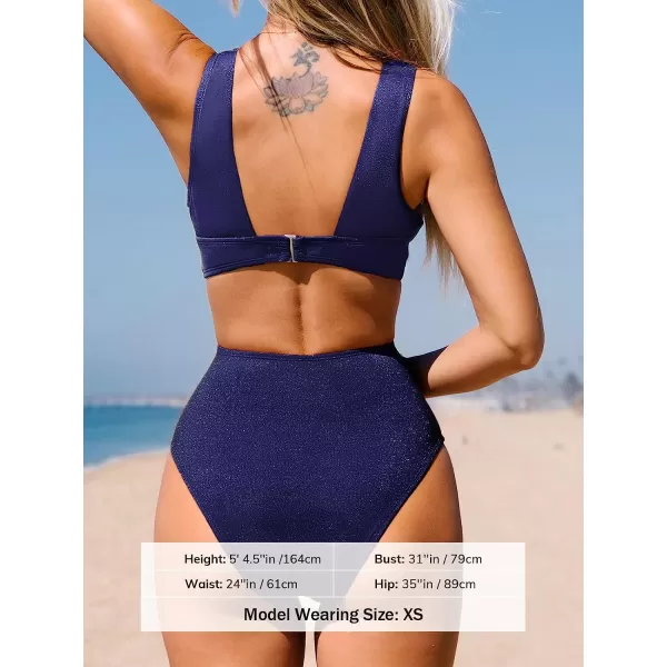 imageCUPSHE One Piece Swimsuit for Women Bathing Suit V Neck Cutout Sexy Swimwear Wide Straps Back Hook Shiny TextureNavy Blue