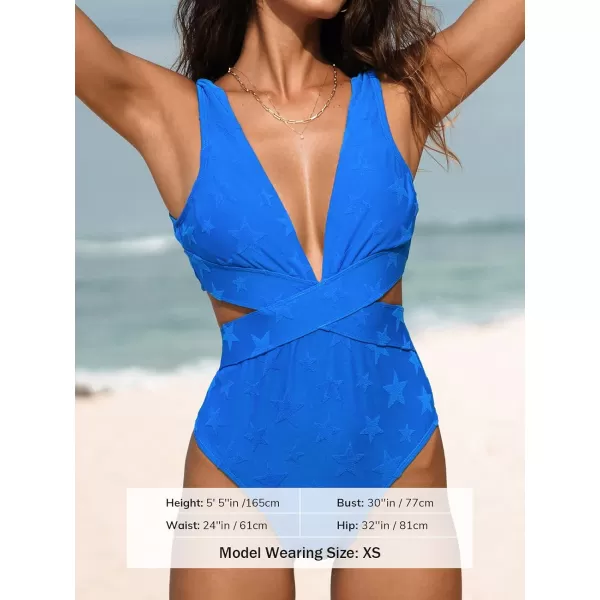 imageCUPSHE One Piece Swimsuit for Women Bathing Suit V Neck Cutout Sexy Swimwear Wide Straps Back Hook Shiny TextureRoyal Blue Star