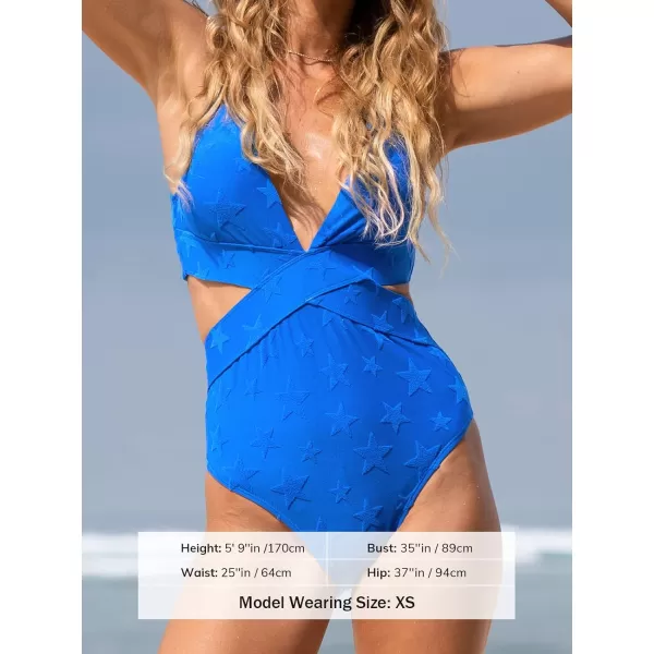 imageCUPSHE One Piece Swimsuit for Women Bathing Suit V Neck Cutout Sexy Swimwear Wide Straps Back Hook Shiny TextureRoyal Blue Star
