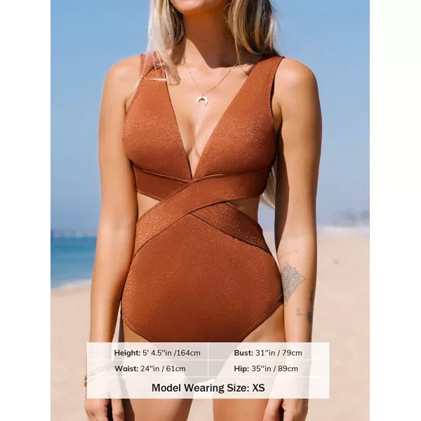 imageCUPSHE One Piece Swimsuit for Women Bathing Suit V Neck Cutout Sexy Swimwear Wide Straps Back Hook Shiny TextureSaddle Brown