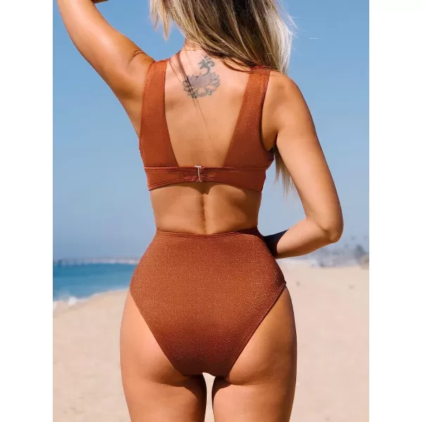 imageCUPSHE One Piece Swimsuit for Women Bathing Suit V Neck Cutout Sexy Swimwear Wide Straps Back Hook Shiny TextureSaddle Brown