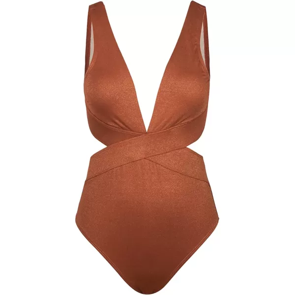 imageCUPSHE One Piece Swimsuit for Women Bathing Suit V Neck Cutout Sexy Swimwear Wide Straps Back Hook Shiny TextureSaddle Brown