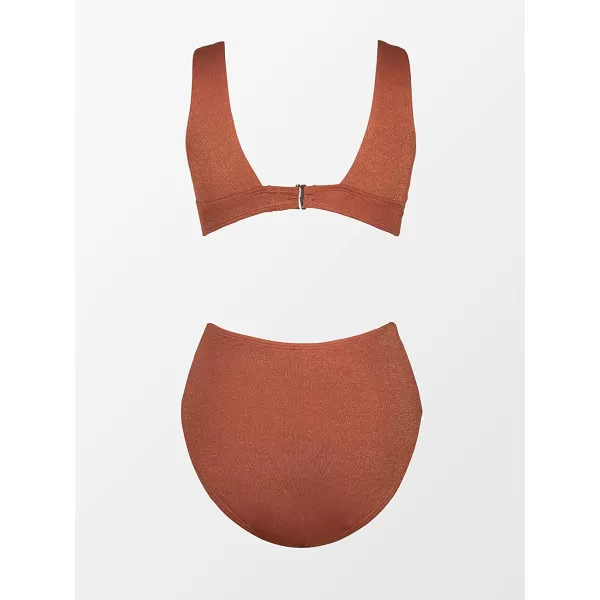 imageCUPSHE One Piece Swimsuit for Women Bathing Suit V Neck Cutout Sexy Swimwear Wide Straps Back Hook Shiny TextureSaddle Brown