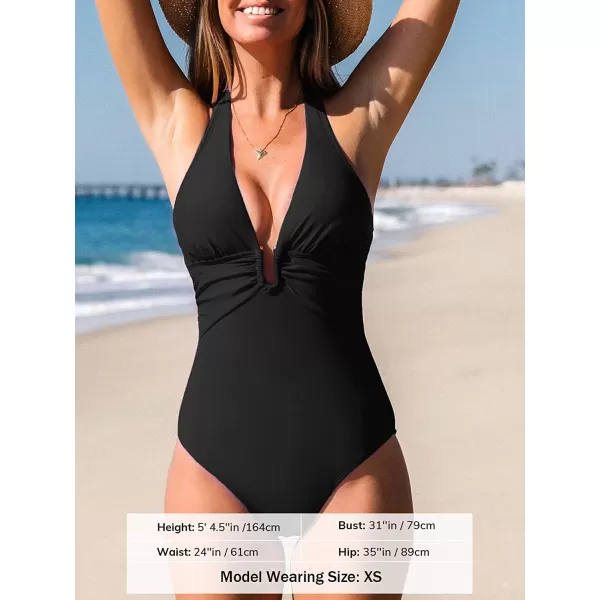 imageCUPSHE One Piece Swimsuit for Women Bathing Suit V Neck Halter Backless Solid VWired SwimwearBlack