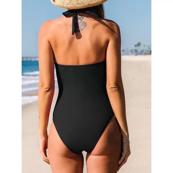 imageCUPSHE One Piece Swimsuit for Women Bathing Suit V Neck Halter Backless Solid VWired SwimwearBlack