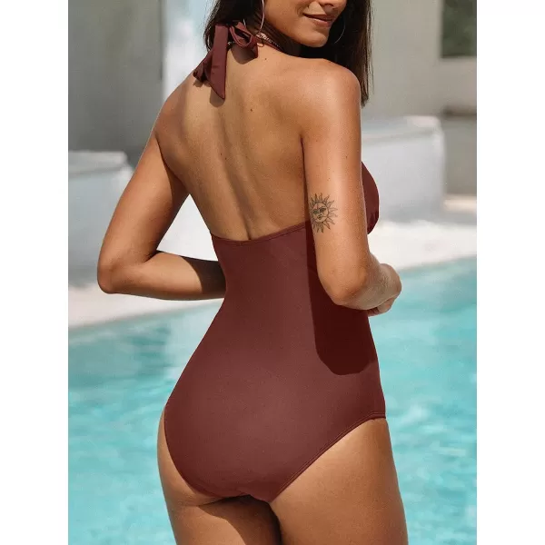 imageCUPSHE One Piece Swimsuit for Women Bathing Suit V Neck Halter Backless Solid VWired SwimwearBrown