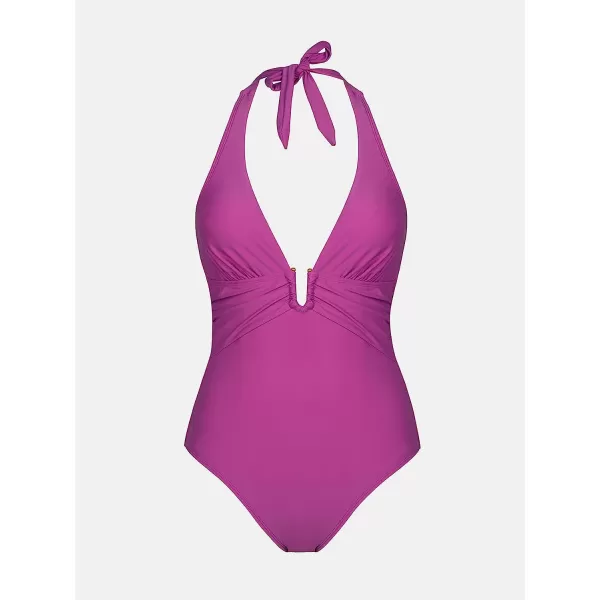 imageCUPSHE One Piece Swimsuit for Women Bathing Suit V Neck Halter Backless Solid VWired SwimwearPurple
