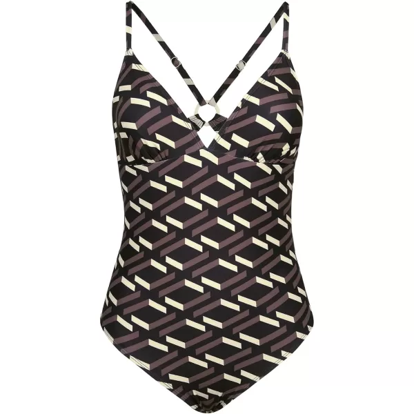 imageCUPSHE One Piece Swimsuit for Women Bathing Suit V Neck ORing Back Cutout Solid Color Adjustable StrapsCoffee Brown Geometric