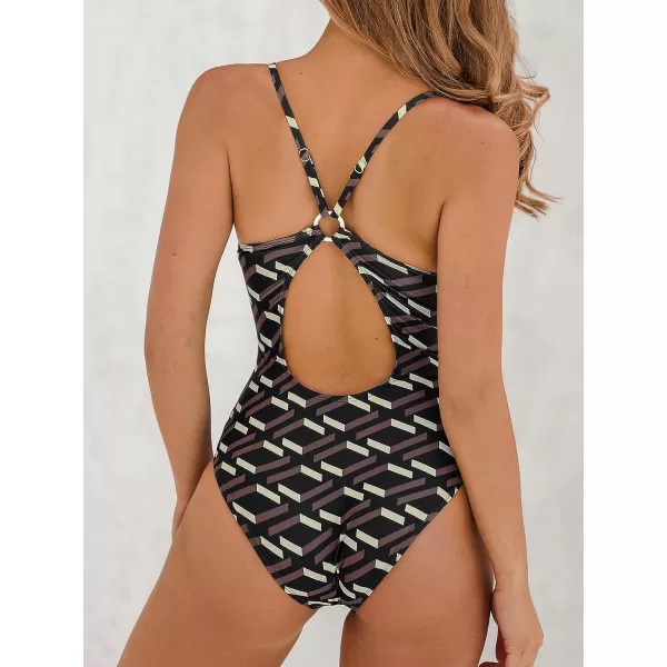 imageCUPSHE One Piece Swimsuit for Women Bathing Suit V Neck ORing Back Cutout Solid Color Adjustable StrapsCoffee Brown Geometric