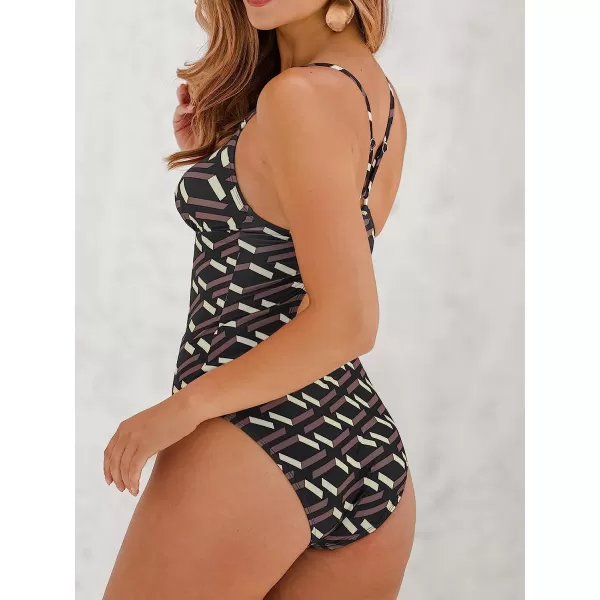imageCUPSHE One Piece Swimsuit for Women Bathing Suit V Neck ORing Back Cutout Solid Color Adjustable StrapsCoffee Brown Geometric