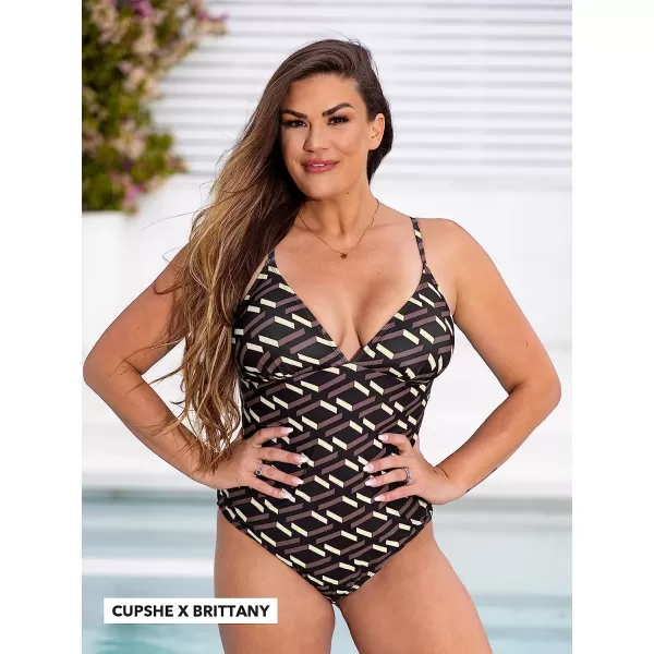 imageCUPSHE One Piece Swimsuit for Women Bathing Suit V Neck ORing Back Cutout Solid Color Adjustable StrapsCoffee Brown Geometric