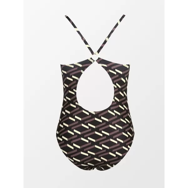 imageCUPSHE One Piece Swimsuit for Women Bathing Suit V Neck ORing Back Cutout Solid Color Adjustable StrapsCoffee Brown Geometric