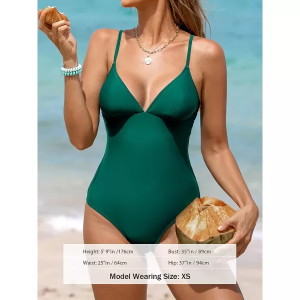 imageCUPSHE One Piece Swimsuit for Women Bathing Suit V Neck ORing Back Cutout Solid Color Adjustable StrapsEmerald Green