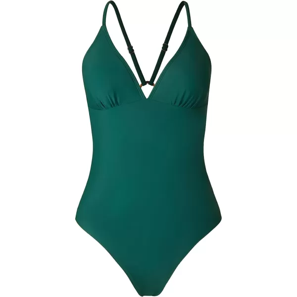 imageCUPSHE One Piece Swimsuit for Women Bathing Suit V Neck ORing Back Cutout Solid Color Adjustable StrapsEmerald Green
