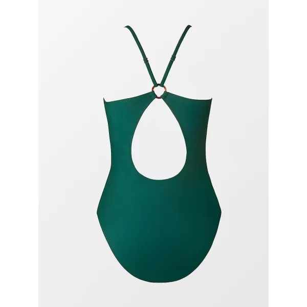 imageCUPSHE One Piece Swimsuit for Women Bathing Suit V Neck ORing Back Cutout Solid Color Adjustable StrapsEmerald Green