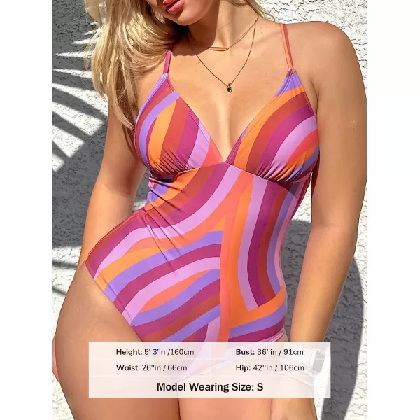 imageCUPSHE One Piece Swimsuit for Women Bathing Suit V Neck ORing Back Cutout Solid Color Adjustable StrapsPurple Abstract