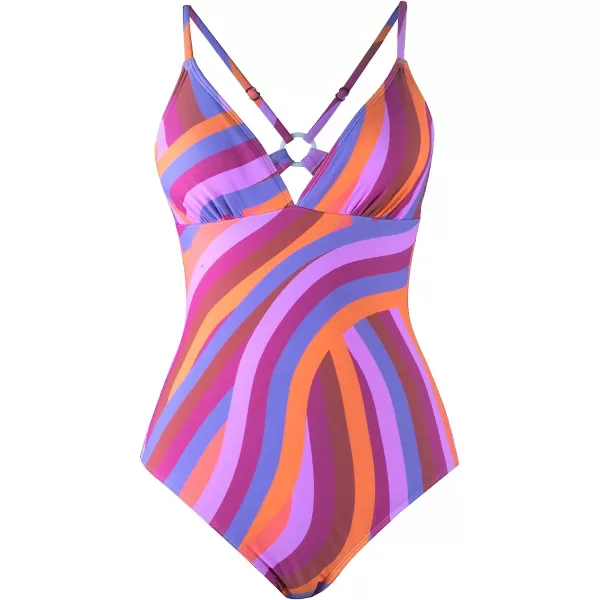imageCUPSHE One Piece Swimsuit for Women Bathing Suit V Neck ORing Back Cutout Solid Color Adjustable StrapsPurple Abstract